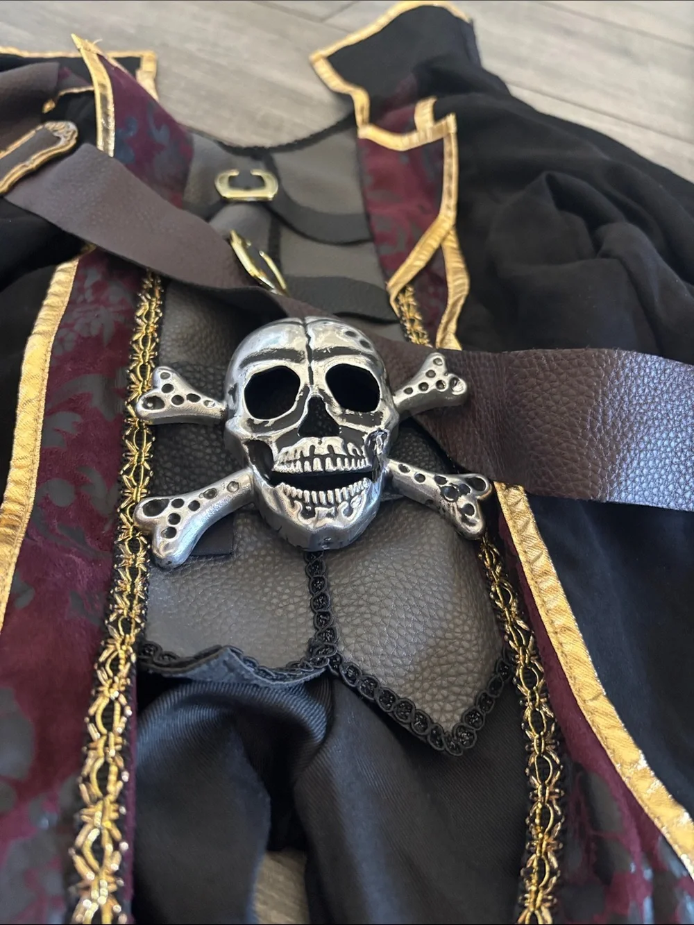 Kids Black & Burgundy Pirate Costume with Gold Trim- SIZE 5/6